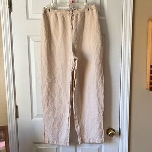 LizSport Petite Linen Drawstring Pants Tan Cream Stripe Small